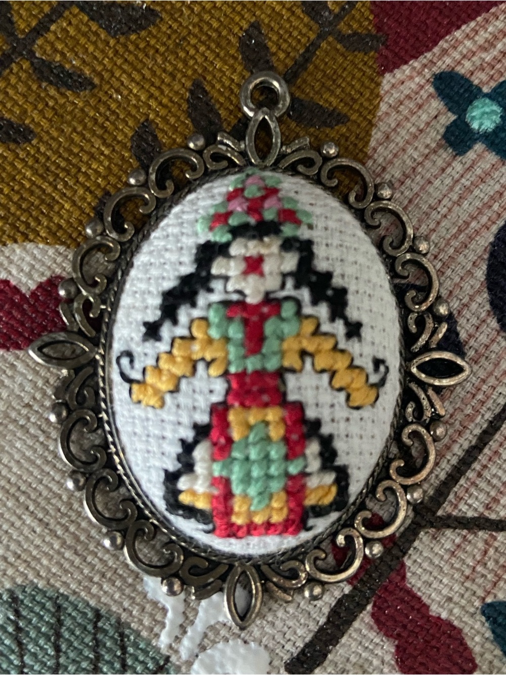 Vintage Hand-Embroidered Multicolor Folk Pendant for Necklace